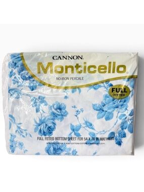 Vintage Cannon Monticello Blue Cabbage Rose Floral Full Size Fitted Sheet NOS